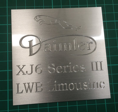 Diamond engraved aluminium plate jaguar engraver High quality watchmaker's brass - 1.5mm thick and professionally engraved in Oxford to your specification. It is ideal for trophies, pet tags, awards, memorials, stone, interior signage, exterior signage,  benches and door signs to name a few applications. Plaque engraving with graphics and colour infill . . .